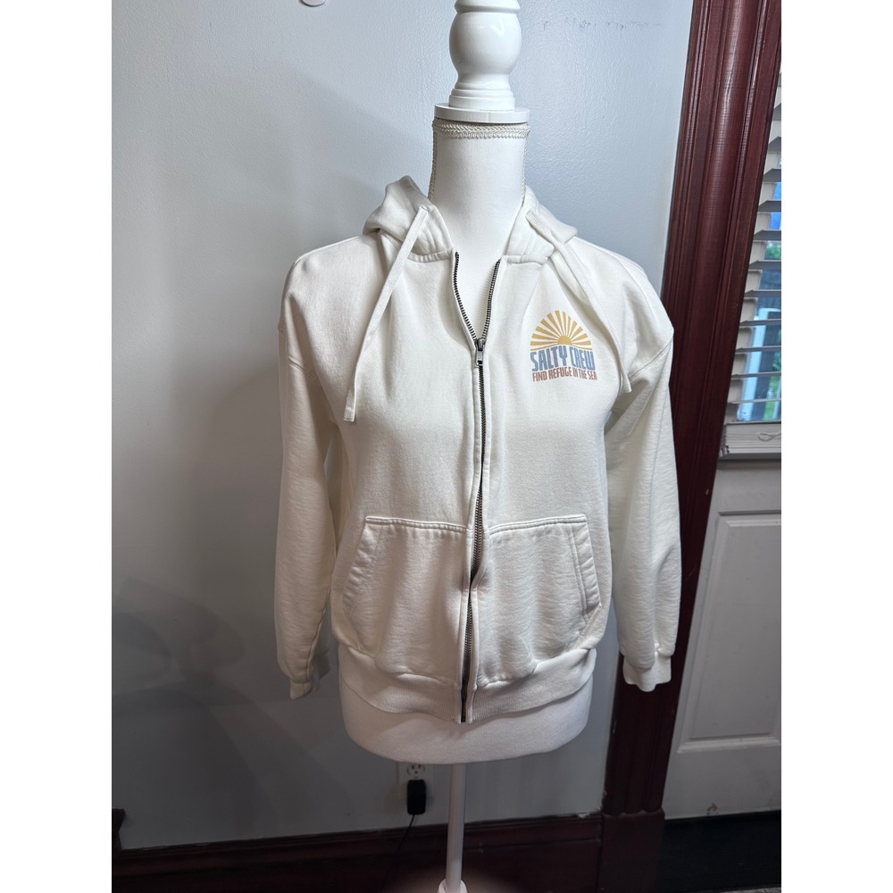 Salty Crew In the Rays Zip Fleece Hoodie Off White Cream Graphic Sweatshirt S